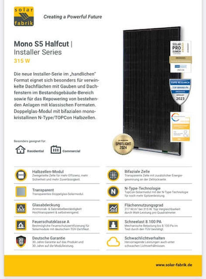 36x SolarFabrik 315W Mono S5 Halfcut Installer Series, Doppelglas Solarmodule, bifazial