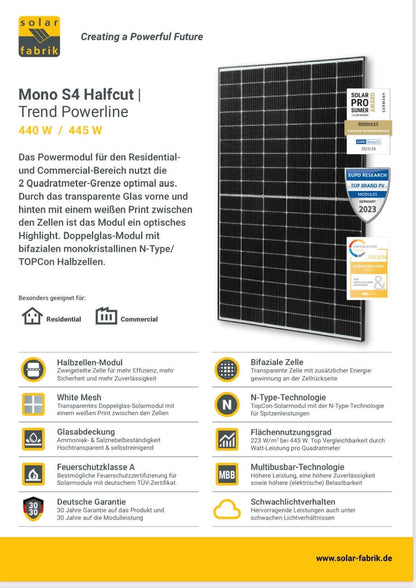 36x SolarFabrik 445W Doppelglas Solarmodul Mono S4 Trend Powerline, bifazial