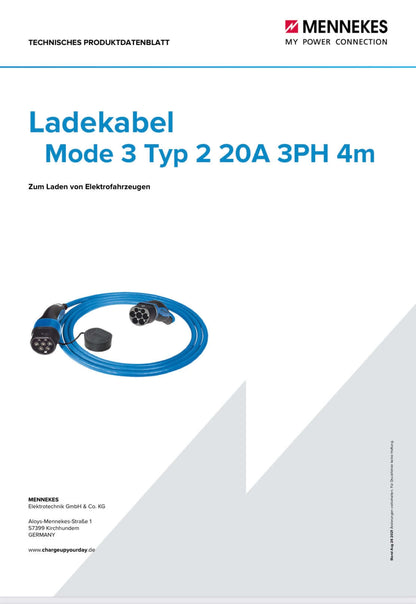 Mennekes Ladekabel Mode 3 Typ 2 20A 3PH 4,0m / 7,5m