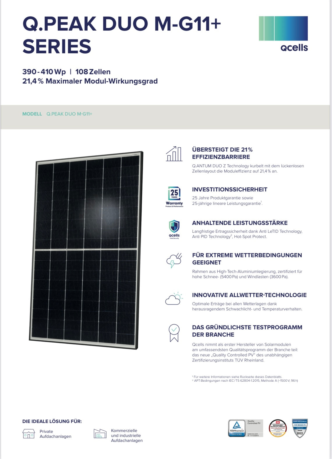 QCells Solarmodul Q.PEAK DUO M-G11S+, 405W (25 Jahre Garantie)